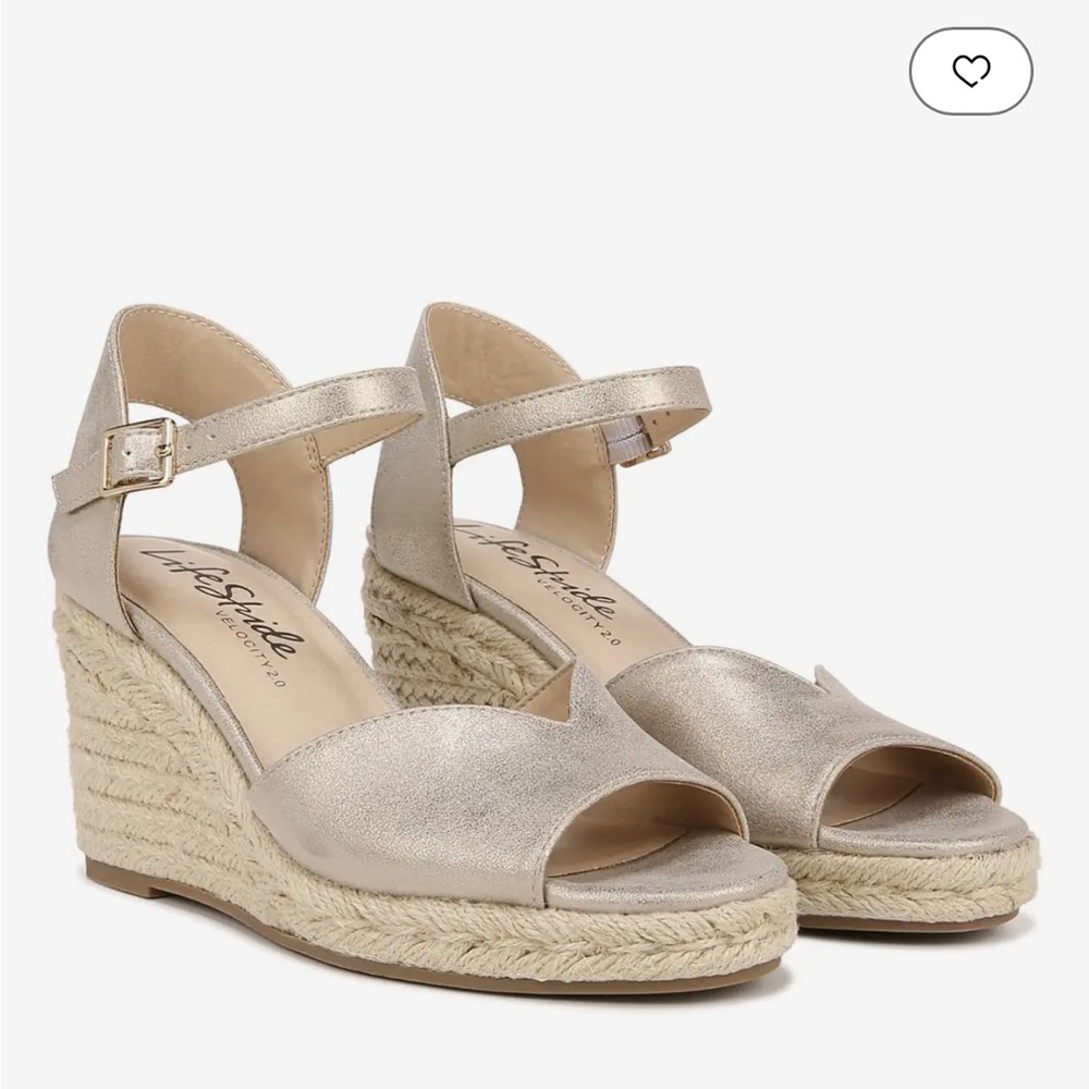 LifeStride Tess Wedge Espadrille Sandals Platino Light Gold Metallic